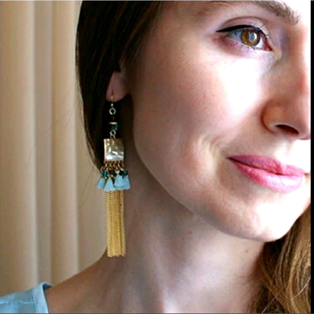 14k gold plate bead chain tassel statement earrings